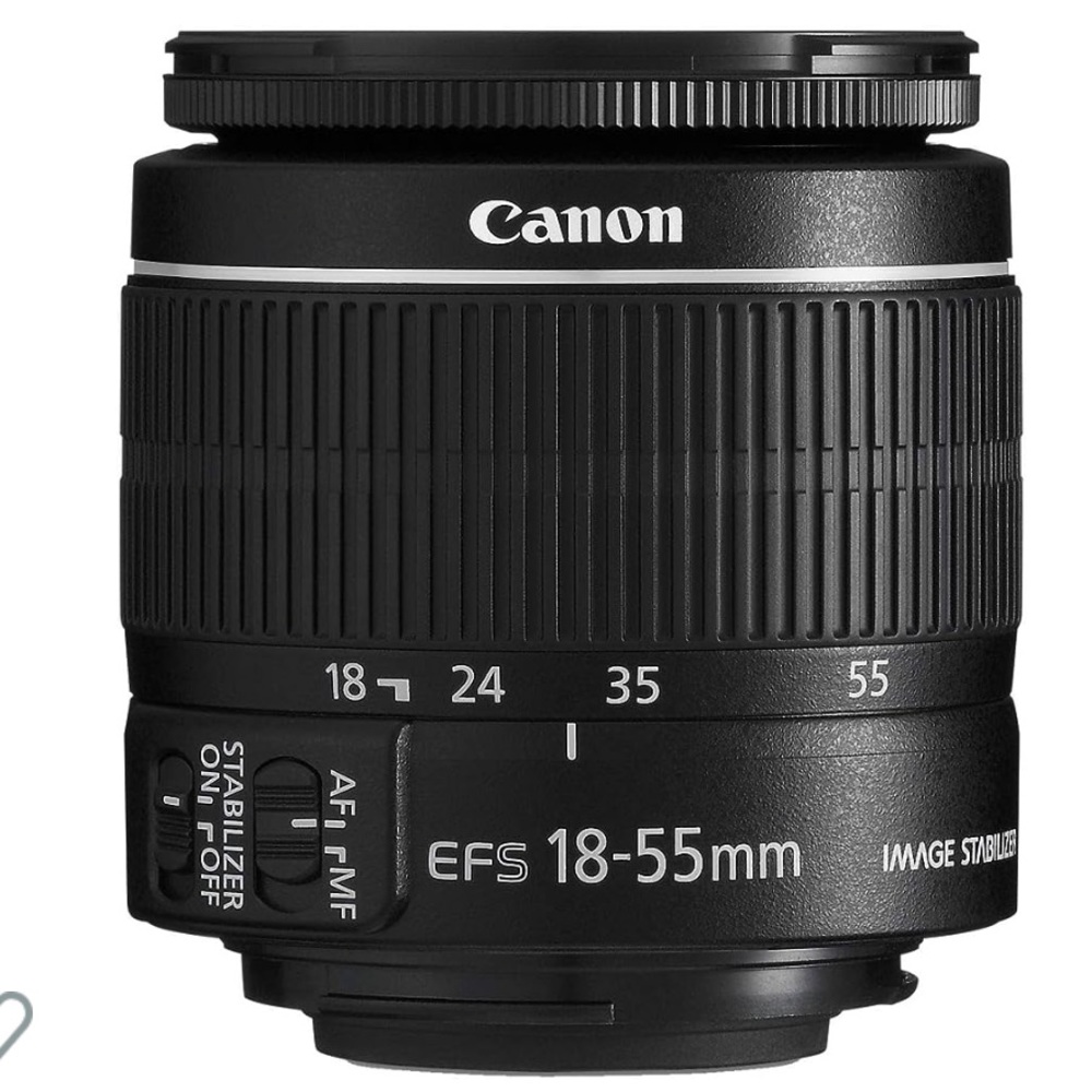 Canon EF-S 18-55mm f/3.5-5.6 IS lens with lens caps and soft case